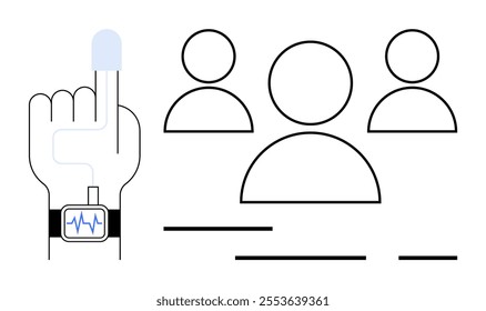 Hand wearing a health-monitoring device and three abstract human figures. Ideal for wearable technology, health monitoring, social networking, medical technology, minimalistic design