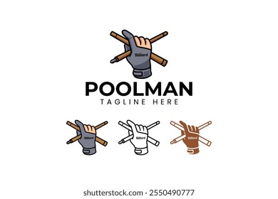 Hand tragen Handschuh, halten Stick Billard-Logo-Design. Handschuh Billard mit Queue Pool Element Design. Gauntlet Snooker mit Stick gekreuzt Symbol-Illustration Logo für Billard-Sport-Club und Turnier