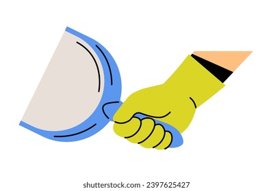 Hand wearing protective rubber glove holding dust pan with handle. Cleaning service and caring for tidiness of home or office. Cleanliness for house or workplace. Vector in flat style illustration