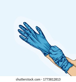 Hand Wearing A Rubber Glove With Blue Color Vector