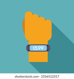 Hand wearing a smart watch showing price tag making purchase