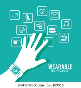 hand wearing smart watch wearable technology health green background vector illustration eps 10