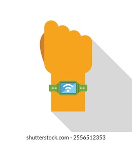 Hand wearing a smart watch with a wifi symbol on the screen, concept of wearable technology