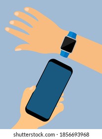 Hand wearing a smartwatch connected to a smartphone