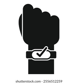 Hand wearing smartwatch displaying a checkmark icon, indicating a successful action or achievement