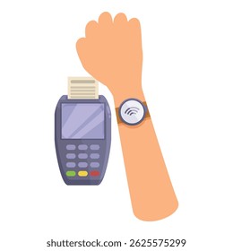 Hand wearing a smartwatch is making a contactless payment at a pos terminal