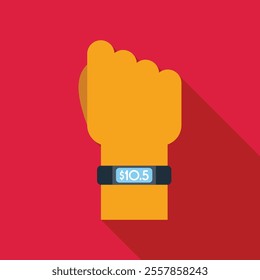 Hand wearing a smartwatch showing 10.5 dollars on the display