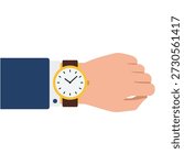 Hand wearing wrist watch flat vector illustration on white background