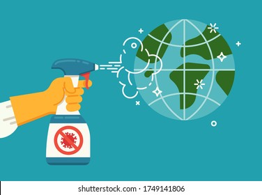 Hand wearing yellow protective glove using disinfection agent to clean the world from virus. Global effort against coronavirus pandemic concept vector illustration