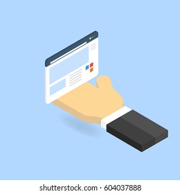 Hand and website page. The concept of site management. 