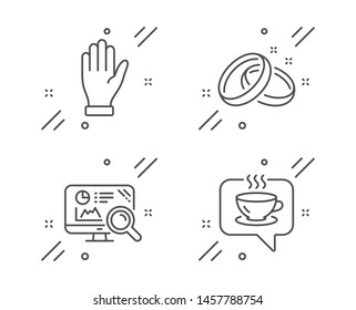 Hand, Wedding rings and Seo analytics line icons set. Coffee sign. Waving palm, Love, Statistics. Cafe. Business set. Line hand outline icon. Vector