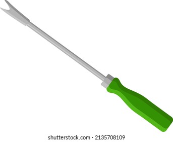 Hand weeder with green handle, illustration, vector on a white background.