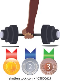 Hand weights, Gold silver and bronze medals for 1st , 2nd and 3rd