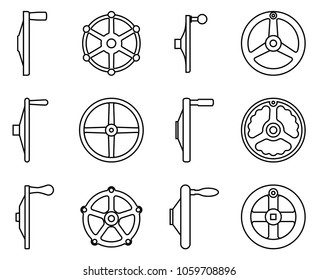 Hand wheels and handles for adjusting and operating. Thin line vector