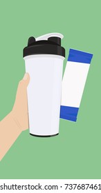 Hand and whey cup vector. free space for text.