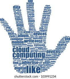 hand which is composed of text keywords on social media themes. Isolated on white