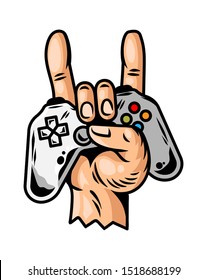 Hand which keep modern gamepad joystick game controller for play video game and show rock sign cool game forever. Custom design vector illustration with geek culture icon print apparel for gamer.