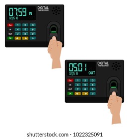 Hand  which is registering working time with thumb on transparent background.
