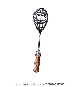 Utensilio de cocina de batidor de mano con cabeza de jaula de alambre y mango de madera, una herramienta tradicional para mezclar, remover y mezclar ingredientes en hornear y cocinar
