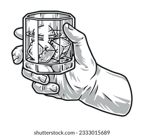 Hand with whiskey logotype monochrome with glass of cognac or armagnac with ice added to alcoholic drink vector illustration