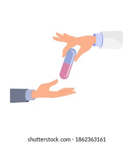 A hand in a white coat gives a large medicine, a capsule to the patient. Vector illustration, flat cartoon color design, side view, isolated on white background, eps 10.