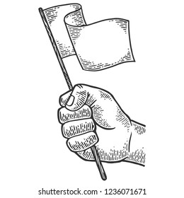 Hand With White Flag Engraving Vector Illustration. Scratch Board Style Imitation. Black And White Hand Drawn Image.