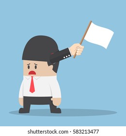 Hand with white flag sticking out from businessman head, no idea concept