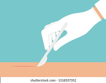 Hand with white glove on holding scalpel and making a small cut on a skin colored surface. Surgery concept