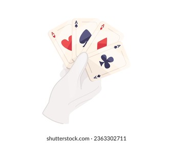 Mano en guantes blancos sostiene cuatro tarjetas de juego de as ilustración vectorial en fondo blanco