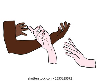 The hand of the white man and the hand of the black man. Interaction. Racial prejudice. Differences in skin color. Nationality. Friendship of Peoples.