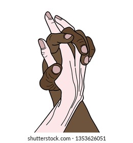 The hand of the white man and the hand of the black man. Interaction. Racial prejudice. Differences in skin color. Nationality. Friendship of Peoples.