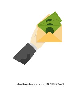 The hand of a white man in a bureaucratic suit holding an envelope full of money for bribes and for the purchase of wealth