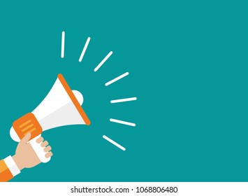 hand with white megaphone on blue background. Flat cartoon loudspeaker. simple vector  illustration. Announcement symbol. Attention sign. Advertisement placard