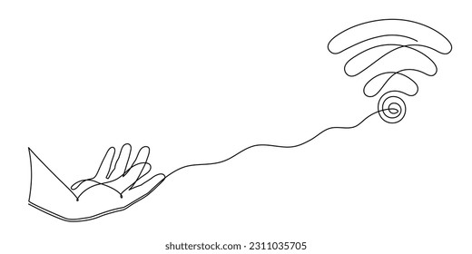 Hand with WI-FI signal one line art,hand drawn pals holds internet hotspot,access point continuous contour.Free zone wireless online concept,template outline.Editable stroke.Isolated.Vector - Shutterstock ID 2311035705