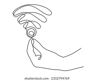 Hand with WI-FI signal one line art,hand drawn palms holds internet hotspot,access point continuous contour.Free zone wireless online concept,template outline.Editable stroke.Isolated.Vector