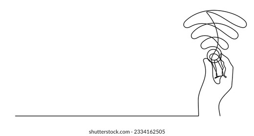 Hand with WI-FI signal one line art,hand drawn palms holds internet hotspot,access point continuous contour.Free zone wireless online concept,template outline.Editable stroke.Isolated.Vector