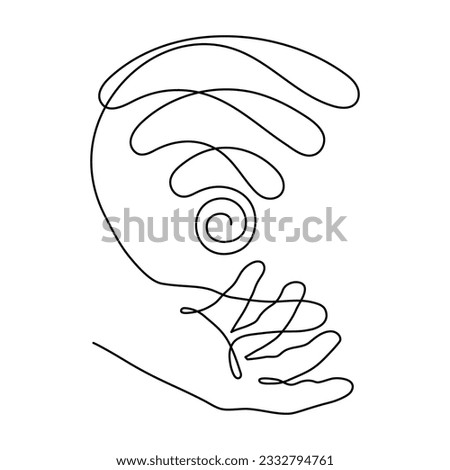 Hand with WI-FI signal one line art,hand drawn palms holds internet hotspot,access point continuous contour.Free zone wireless online concept,template outline.Editable stroke.Isolated.Vector