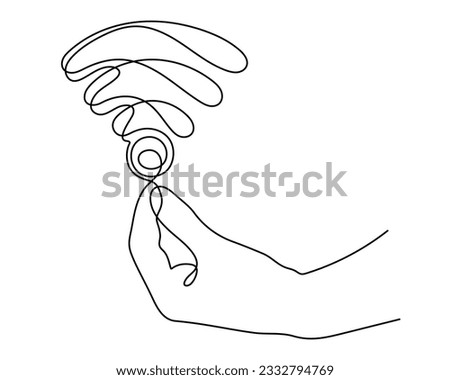 Hand with WI-FI signal one line art,hand drawn palms holds internet hotspot,access point continuous contour.Free zone wireless online concept,template outline.Editable stroke.Isolated.Vector