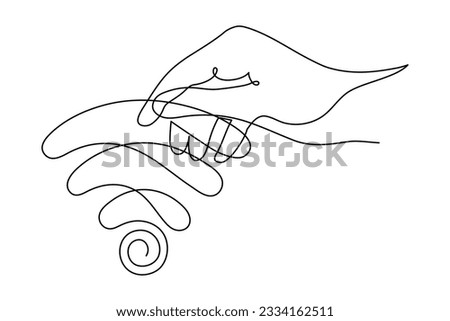 Hand with WI-FI signal one line art,hand drawn palms holds internet hotspot,access point continuous contour.Free zone wireless online concept,template outline.Editable stroke.Isolated.Vector
