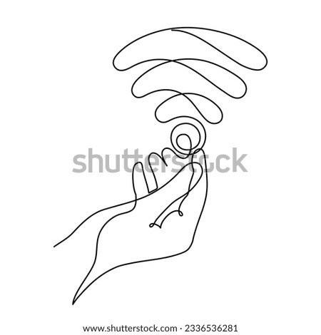 Hand with WI-FI signal one line art,hand drawn palms holds internet hotspot,access point continuous contour.Free zone wireless online concept,template outline.Editable stroke.Isolated.Vector