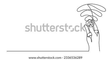 Hand with WI-FI signal one line art,hand drawn palms holds internet hotspot,access point continuous contour.Free zone wireless online concept,template outline.Editable stroke.Isolated.Vector