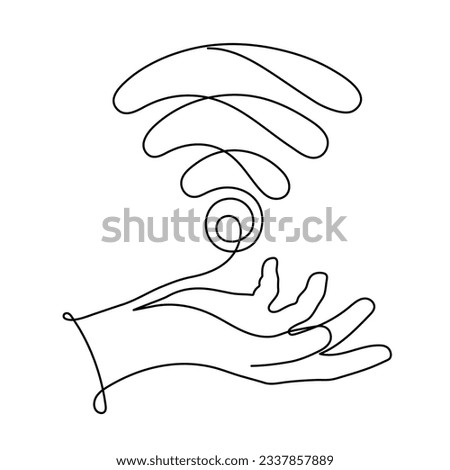 Hand with WI-FI signal one line art,hand drawn palms holds internet hotspot,access point continuous contour.Free zone wireless online concept,template outline.Editable stroke.Isolated.Vector