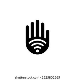 Hand with wifi symbol. Palm of hand with wireless waves of Wi-Fi internet. Vector symbol and icon.