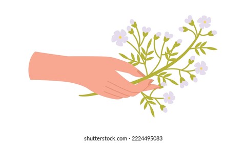 Hand with wildflower flat icon Forget-me-not flowers