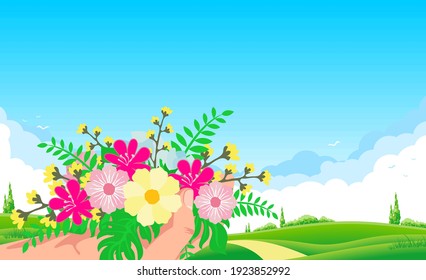 Hand with wildflowers on springtime landscape background. Blue sky with clouds, green meadow and yellow road. Vector for greeting card