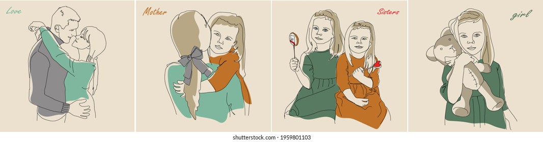 The hand will draw a contour portrait of a man with his daughters. Abstract image of different people.. The concept of diversity