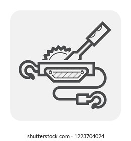 Hand Winch Or Manual Winch Vector Icon. Also Called Come Along, Towing Or Ratchet Winch. Include Crank Or Lever, Steel Wire Rope Or Cable, Hook. For Lift, Pull, Drag, Tow Load I.e. ATV, Boat And Car.