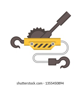 Hand Winch Or Manual Winch Vector Icon. Also Called Come Along, Towing Or Ratchet Winch. Include Crank Or Lever, Steel Wire Rope Or Cable, Hook. For Lift, Pull, Drag, Tow Load I.e. ATV, Boat And Car.