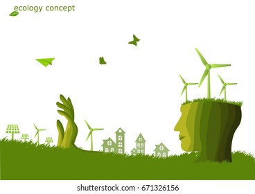 Hand ,windmill and solar panels on the grass ,Environmentally friendly world. Vector illustration of ecology,concept Hand to protect the environment and The earth