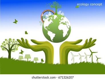 Hand ,windmill and solar panels on the grass ,Environmentally friendly world. Vector illustration of ecology,concept Hand to protect the environment and The earth